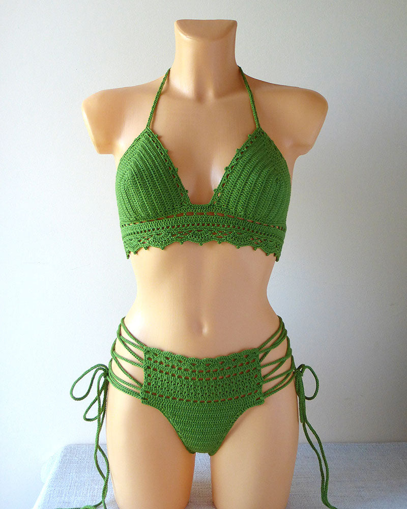 Lace Up Crochet Swimwear Set With Brazilian Bottom LaKnitteria