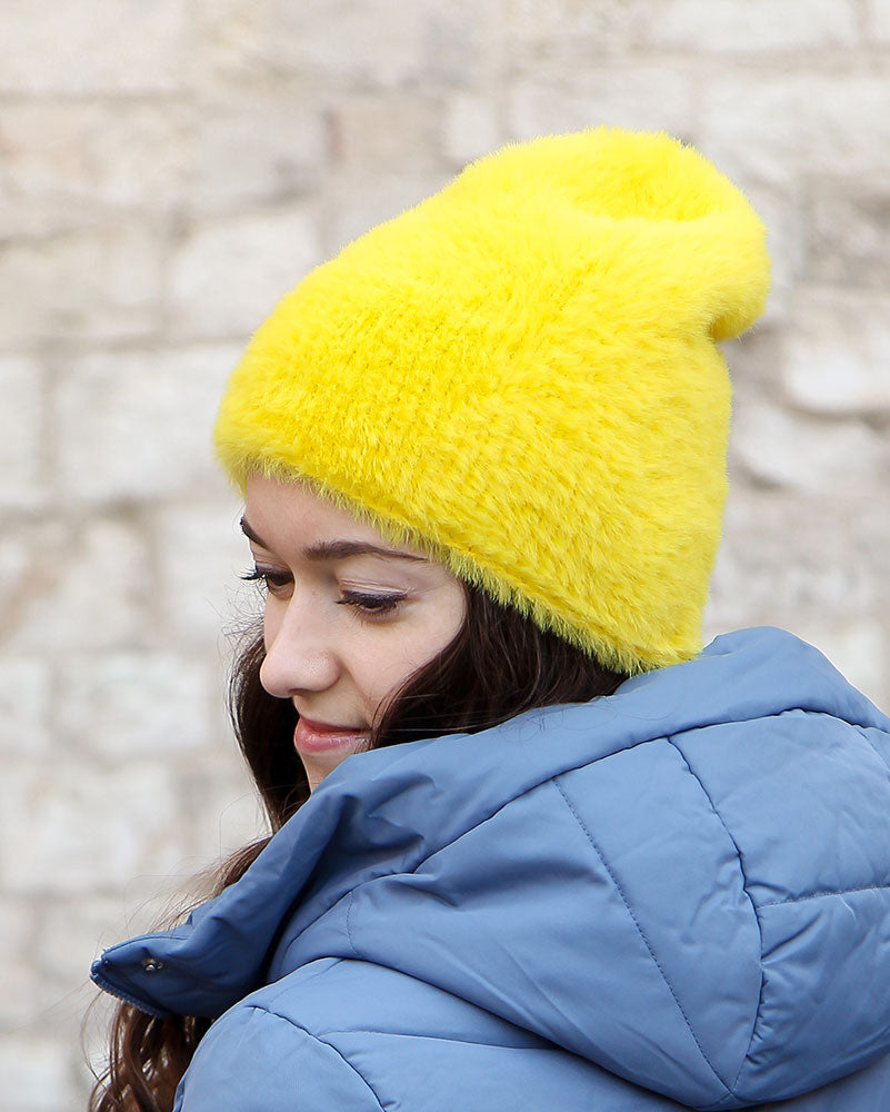 Neon Knitted Faux Fur Pom Hat