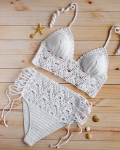 Handmade Lace Upp High Waist Crochet bathing suit in white