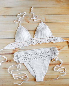 hand made white lace crochet bikini set Maracuja with higher waist and moderate coverage
