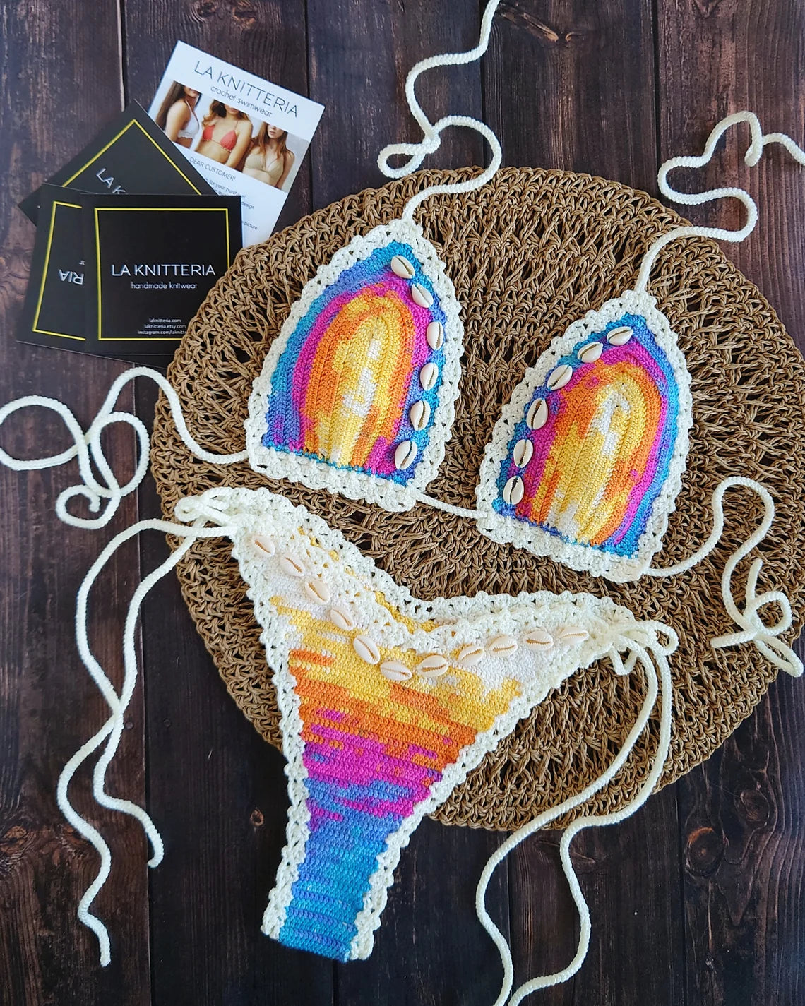 Colorful crochet bikini set from La Knitteria handmade artisan swimwear brand