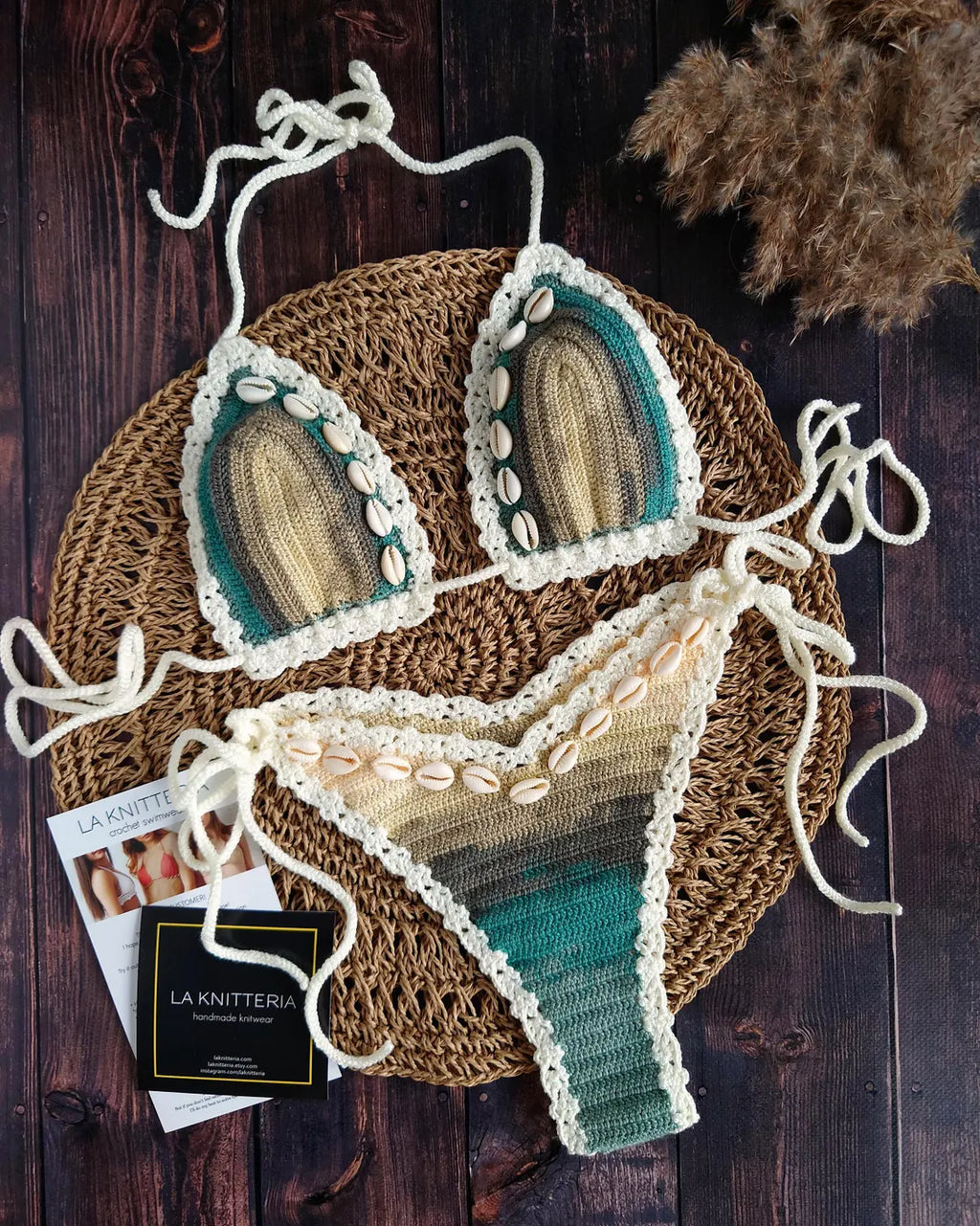 Multicolored tie dye knitted swim set with seashell detail handmade by La Knitteria