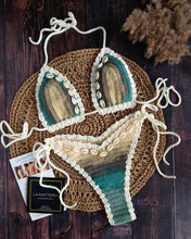 Multicolored tie dye knitted swim set with seashell detail handmade by La Knitteria