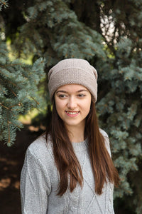 Classic slouchy beanie in beige color with a Metallic Thread
