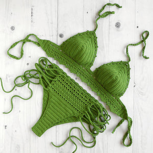 Lace Up Crochet Swimwear Set With Brazilian Bottom