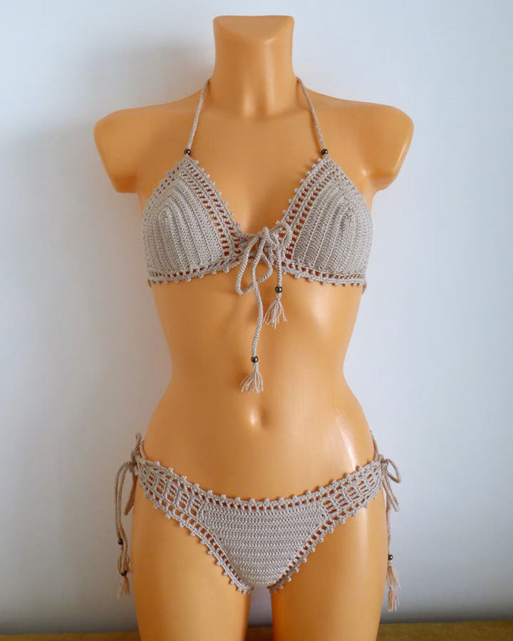 beige bohemian lace crochet bathingsuit handmade by LaKnitteria