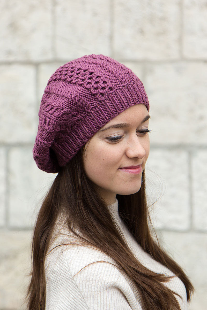 Soft Merino Wool Knit Beret Braid Tam in Rose Mauve by La Knitteria