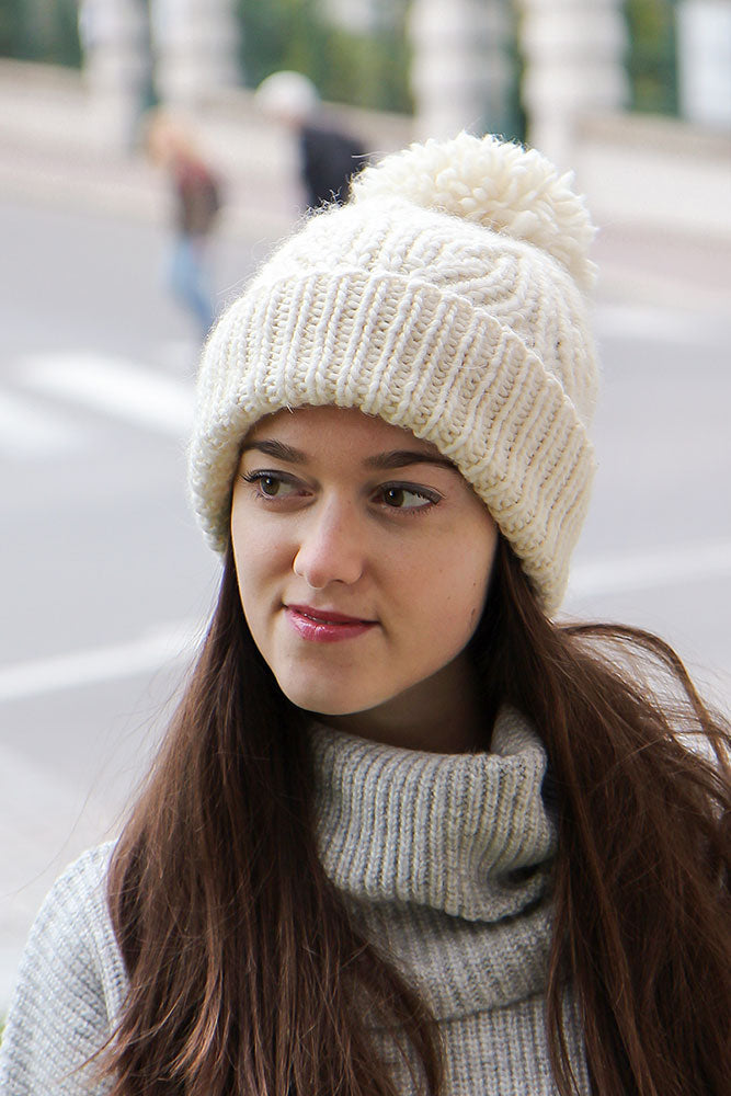 milk white chunky knit pom pom hat by la knitteria
