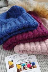 hand knit soft alpaca merino wool hats in cobalt blue, deep berry and dusty rose