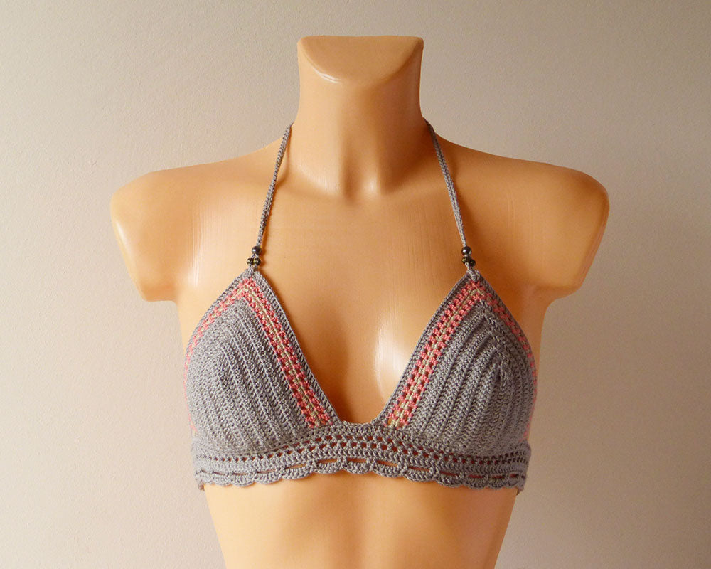 beige crochet bikini top with beads and lace