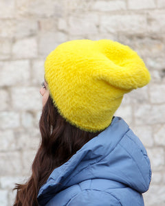 Yellow Fuzzy Faux Fur Beanie Hat by La Knitteria