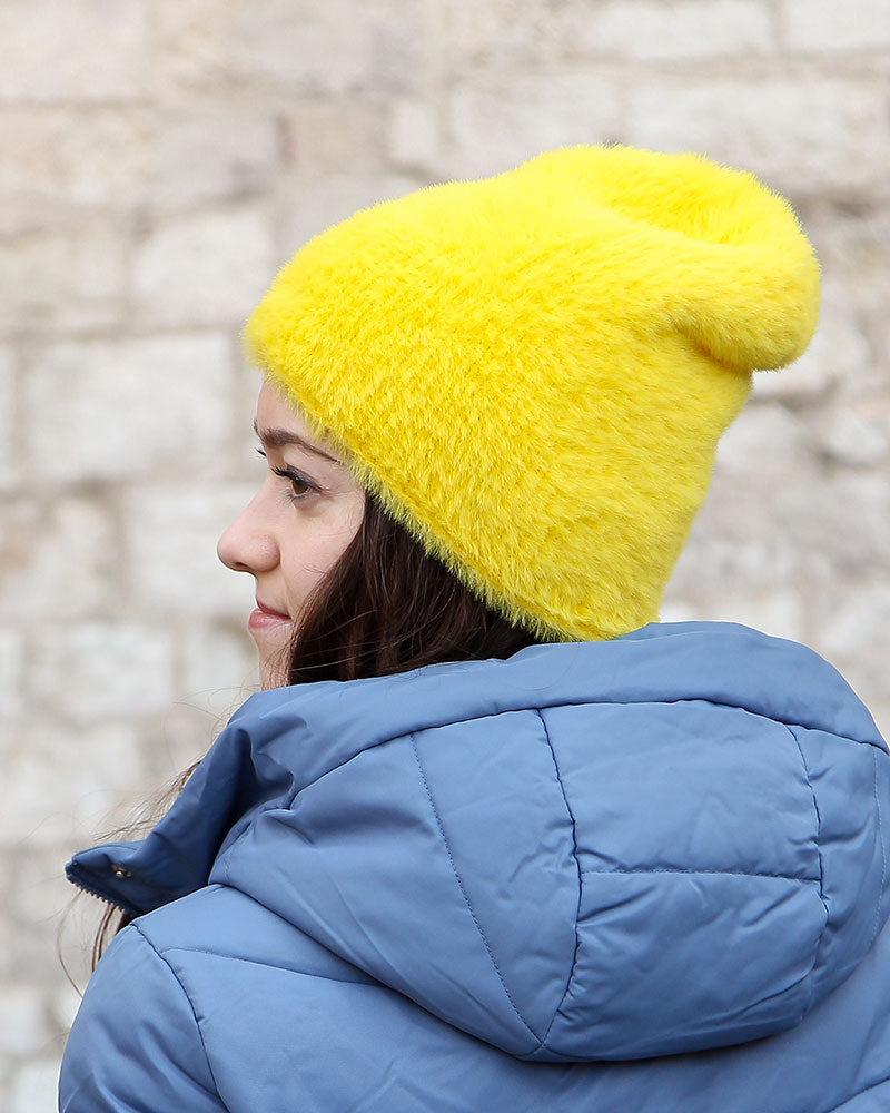 yellow fluffy womens beanie