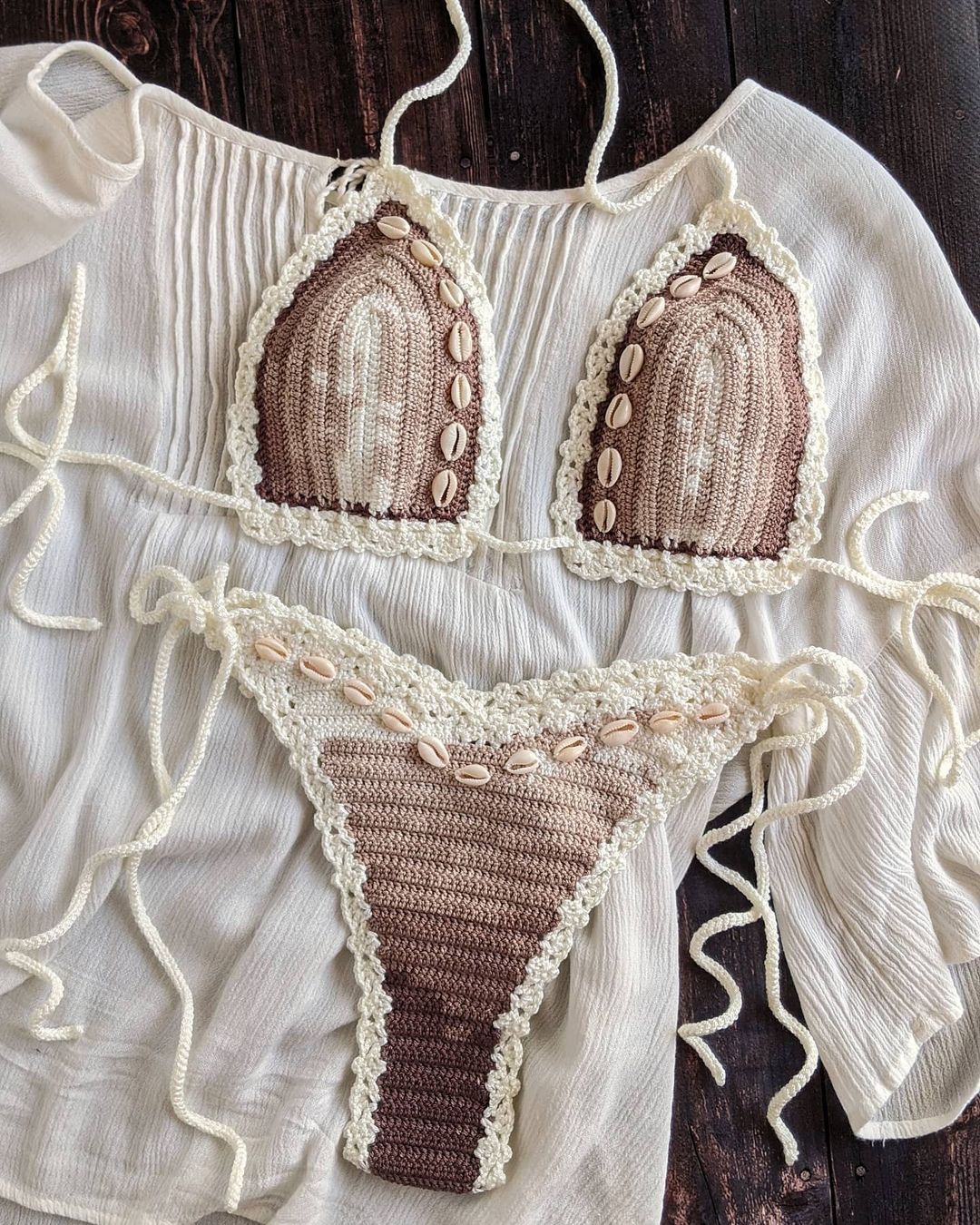 Loquat Tie Dye Brazilian Thong Crochet Bikini With Seashells