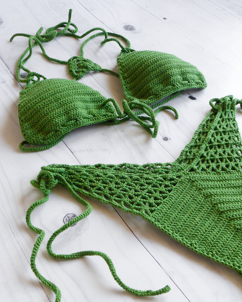 handmade green high cut leg crochet thong bathing suit