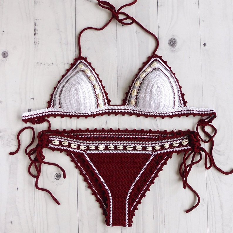 Lakoocha Two Tone white and burgundy Crochet Swimsuit With Seashells