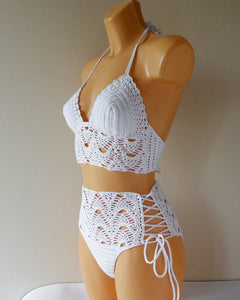 Lace High Waisted Crochet bikini set in white