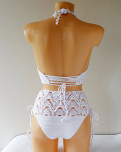 White High-Waisted Handmade Crochet bikini set