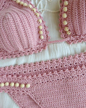 custom beaded triangle crochet bikini with adjustable top in rose quartz