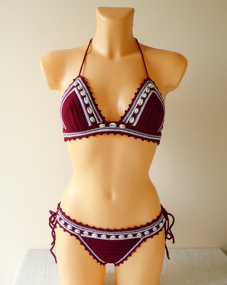 Burgundy Handmade Crochet Bikini with seashells