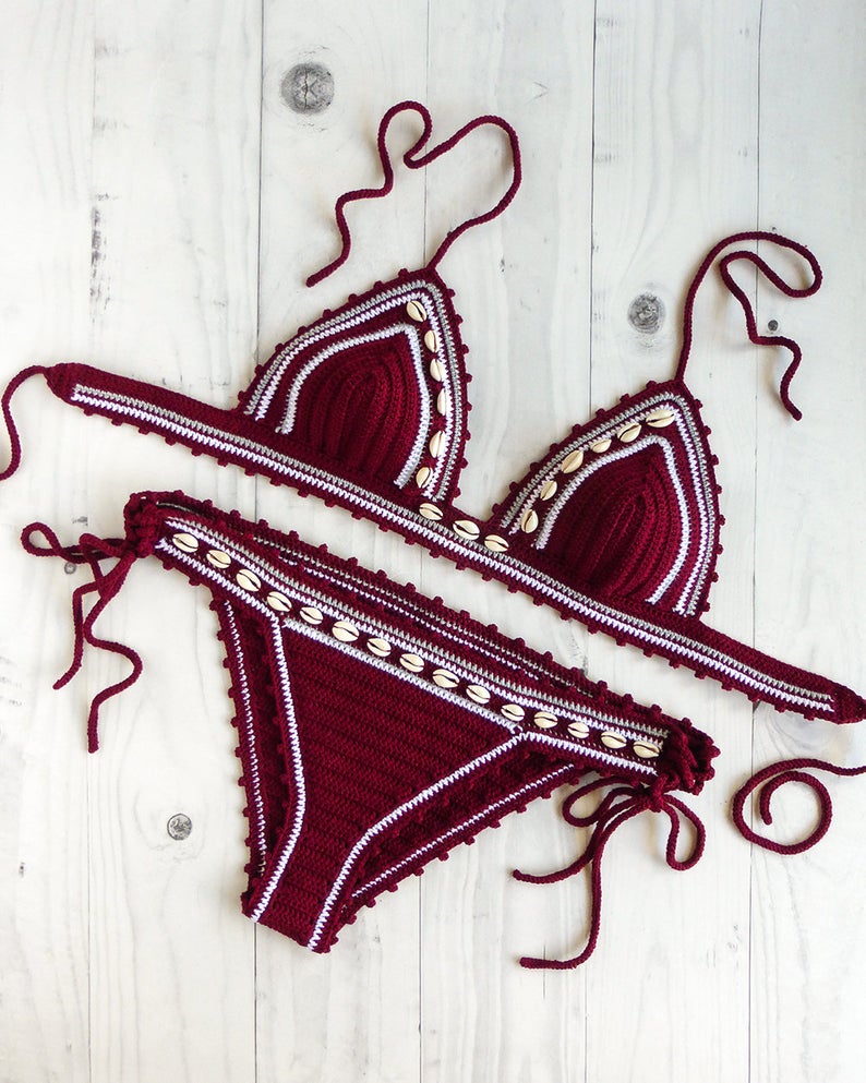 sea shell embellished crochet bathing suit