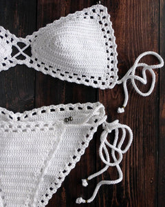 Annato Beaded White Crochet Bikini Set With Brazilian Scrunch Bottoms