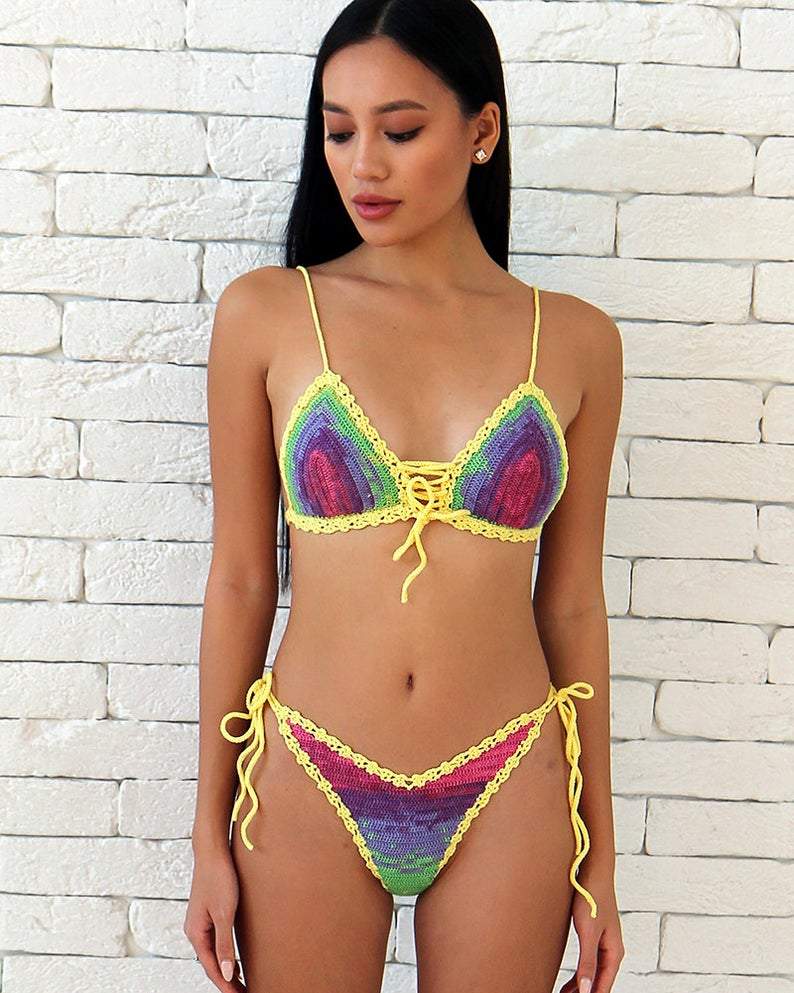 Umari Multicolor Tie Dye Cheeky Brazilian High Cut Crochet Bikini Set