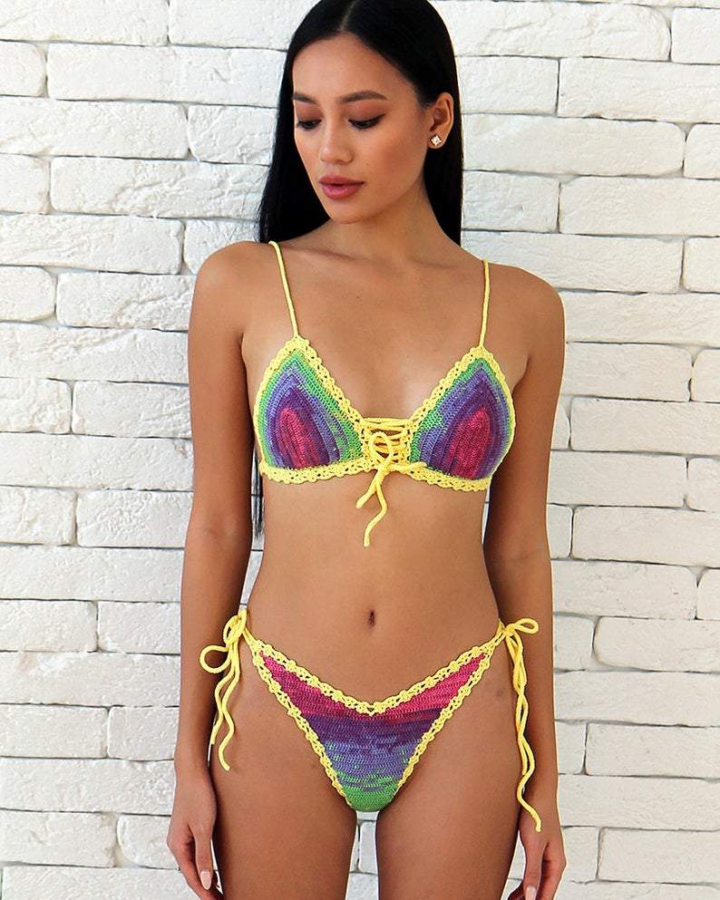 Umari Multicolor Tie Dye Cheeky Brazilian High Cut Crochet Bikini