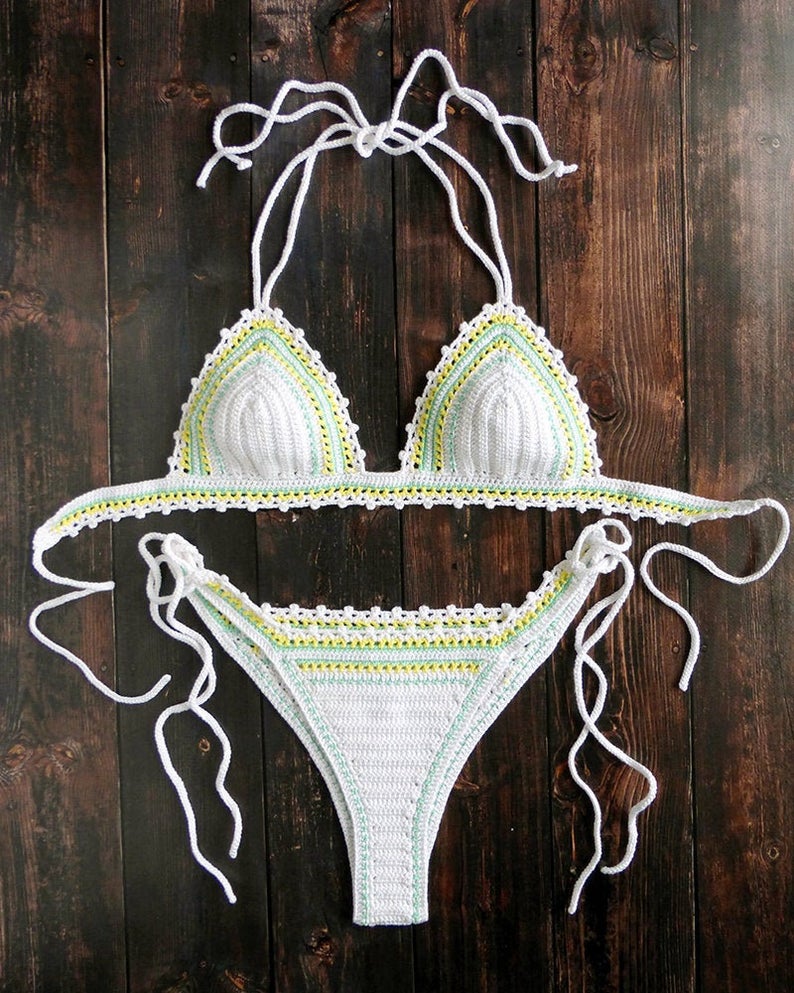 White Brazilian Cheeky High Leg Crochet Bikini Handmade Kini