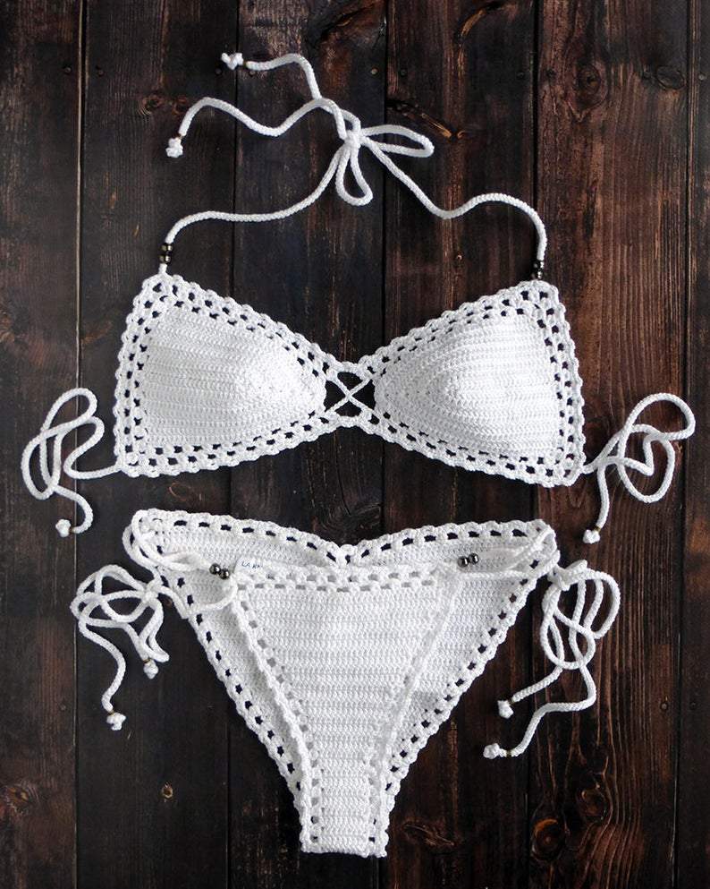 Beaded White Crochet Swimsuit With Brazilian Scrunch Bottoms
