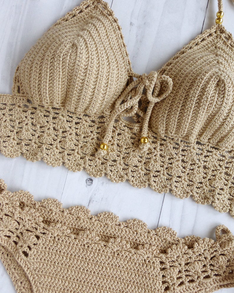 Pomelo Lace Boho Crochet Bikini Top And Bottom With Beads