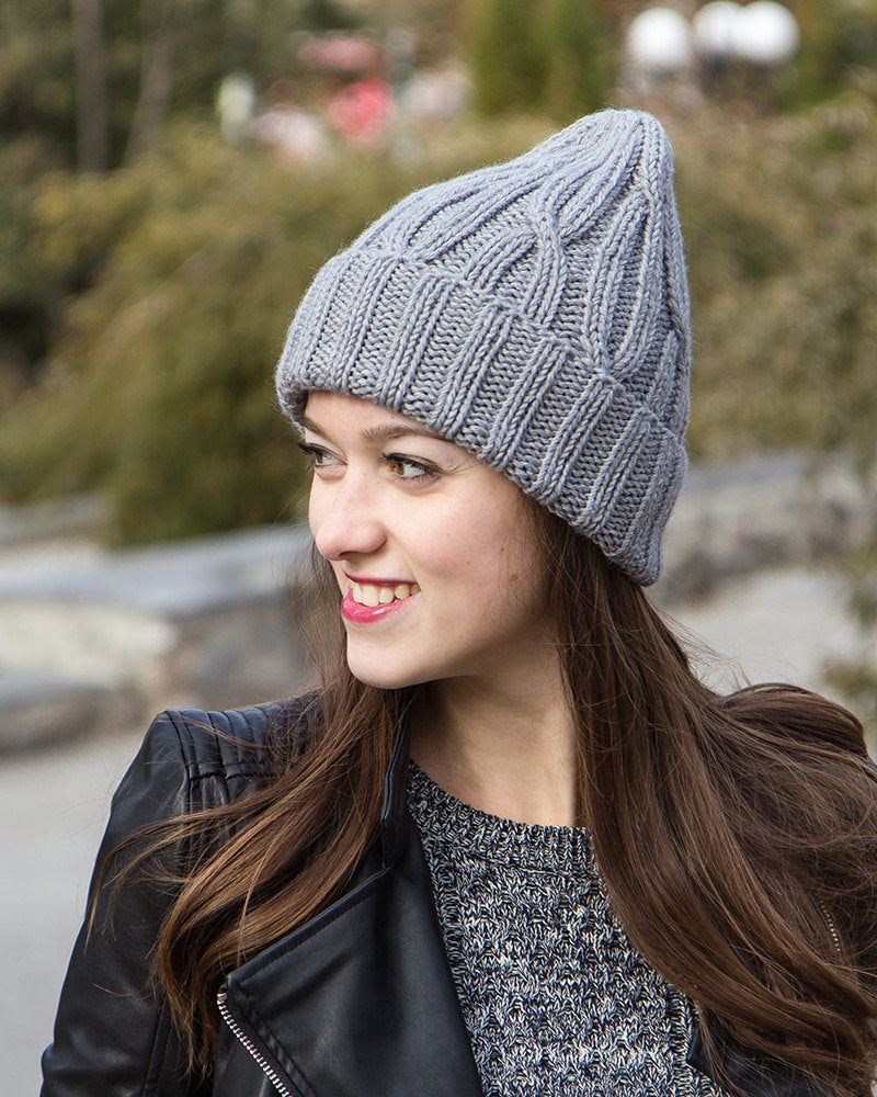 gray knit peaked beanie