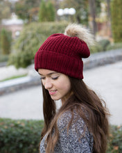 merino wool rib knit slouchy hat with fur pompom