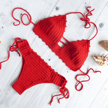red cheeky crochet bikini with lace up