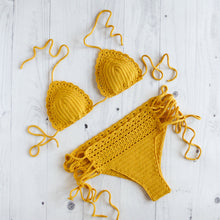 yellow crochet bikini with lace up sides
