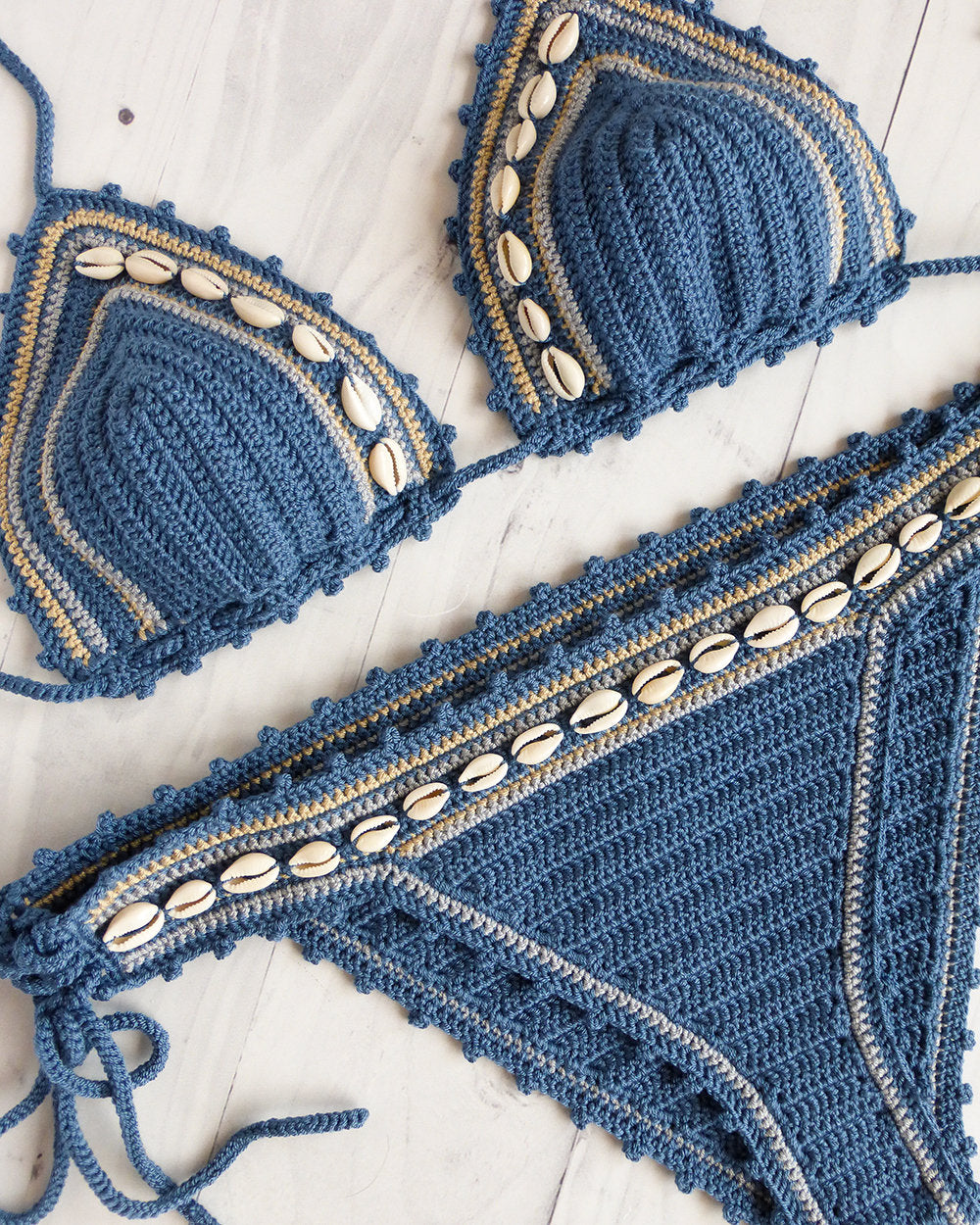 cowrie sea shell bikini crochet with triangle top and moderate coverage bottoms