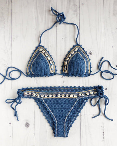 Denim Blue Bohemian Crochet Bikini Set With Cowrie Sea Shells