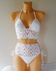 Rambutan White Lace High Waisted Crochet Swimsuit by LaKnitteria
