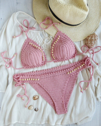 Sunsapote Millennial pink Crocheted Bikini Set With Beads hand made by Laknitteria