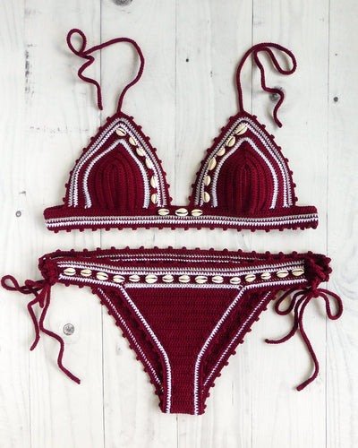 Gypsy Stretchy Crochet Sea Shell Bikini Set in Burgundy