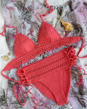 hand made coral lace crochet bikini set Maracuja with higher waist and moderate coverage