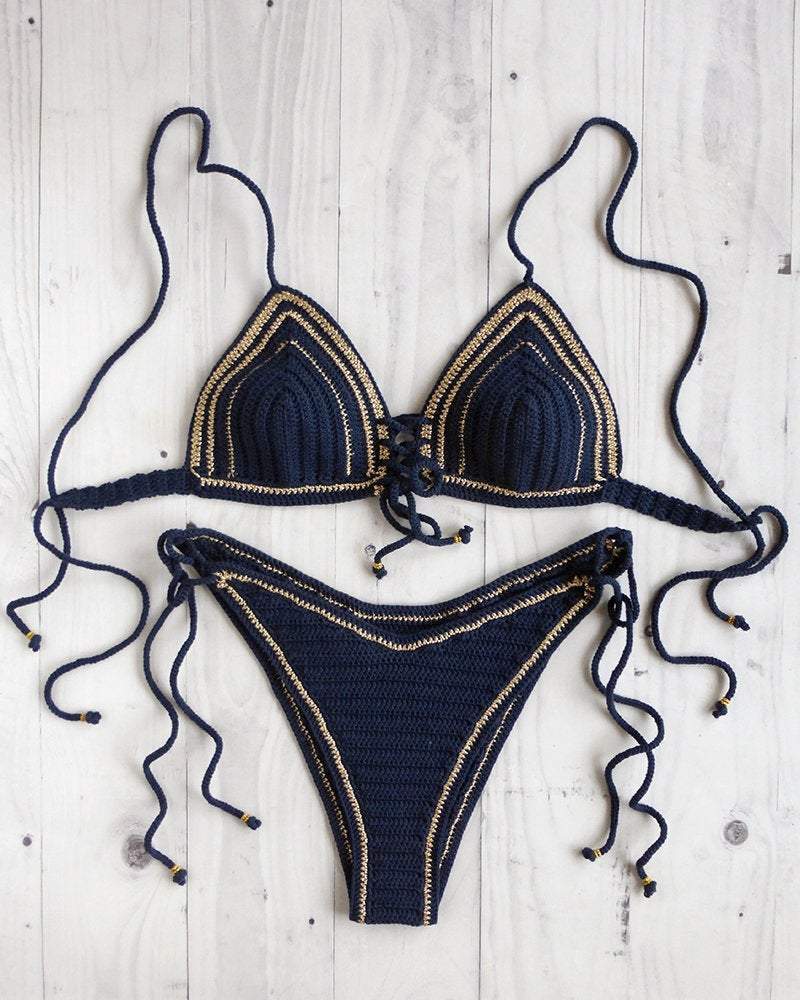 Jua Gold Trim Cheeky High Leg Crochet Swimsuit by LaKnitteria