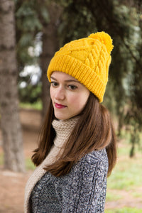 Mustard Cable Knit Hat With Pompon