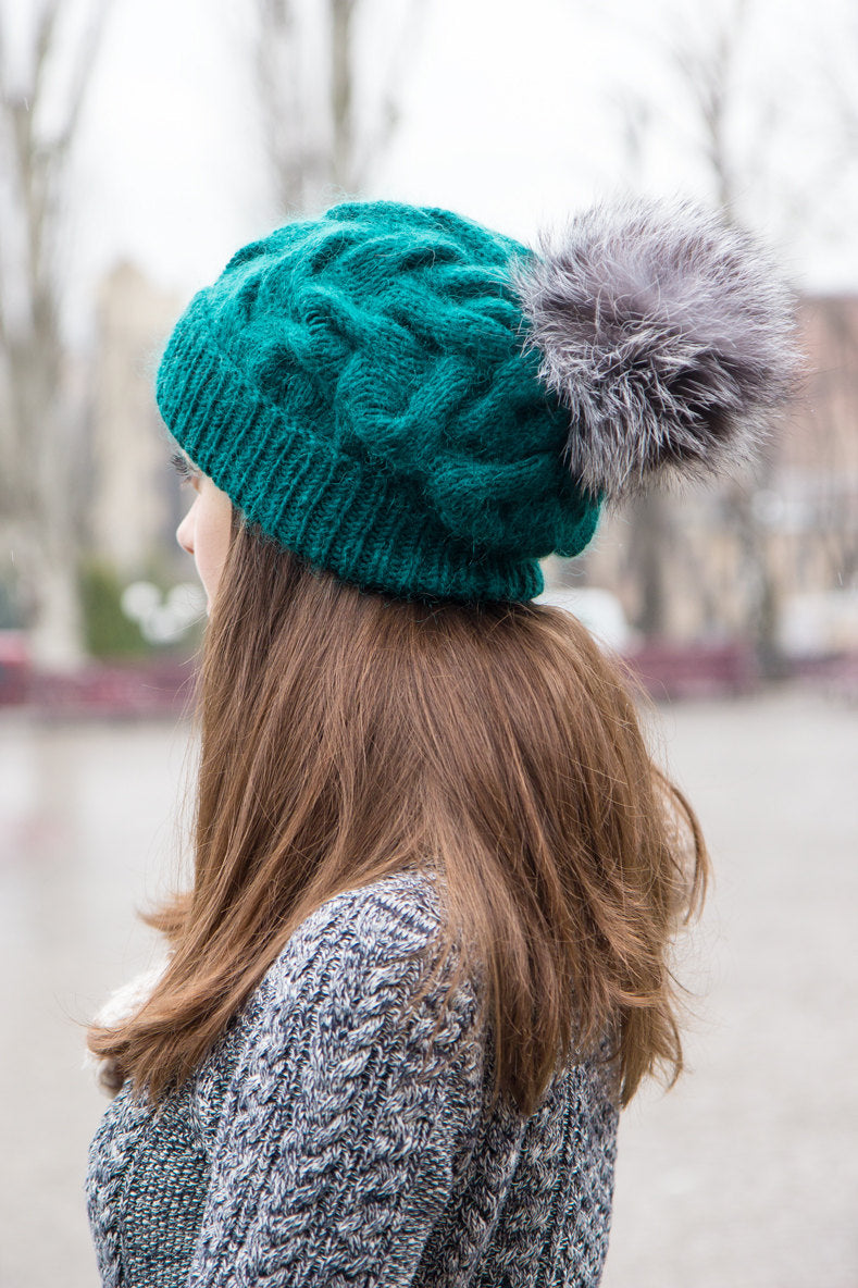 emerald green oversized knit hat with pom pom