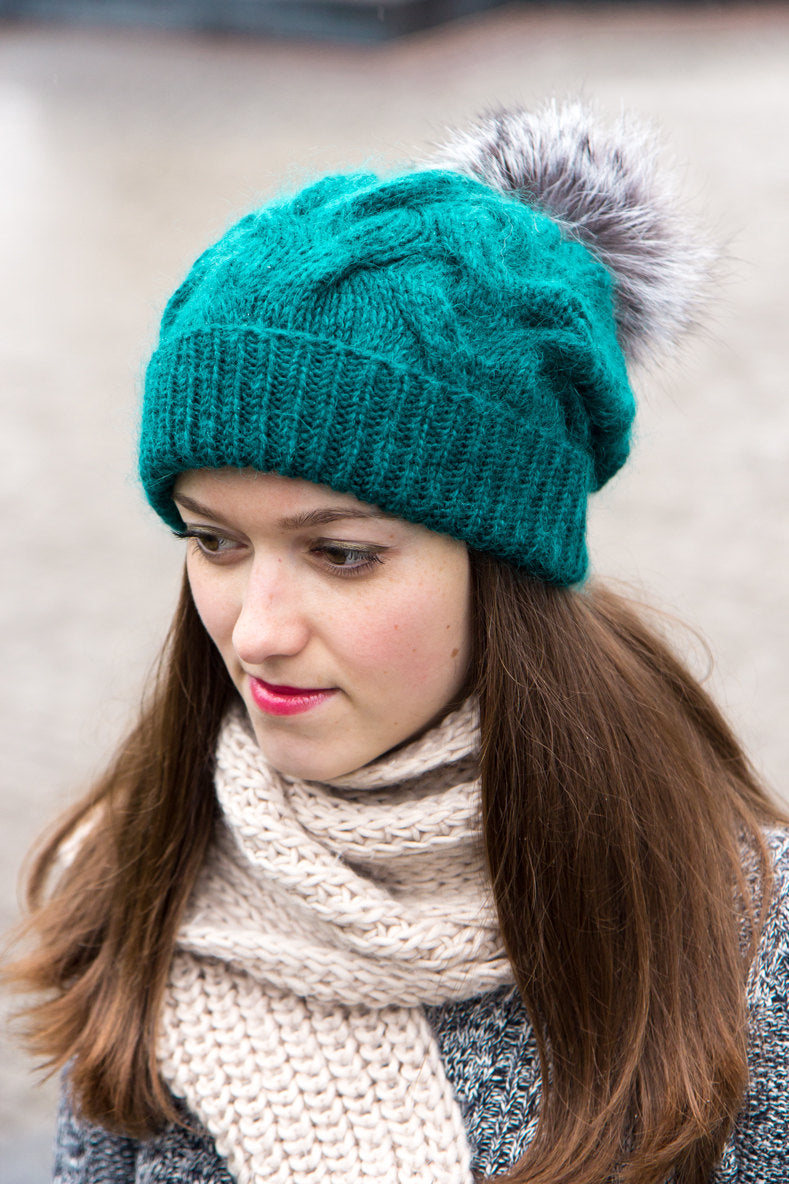 merino wool oversized knit hat with pom pom