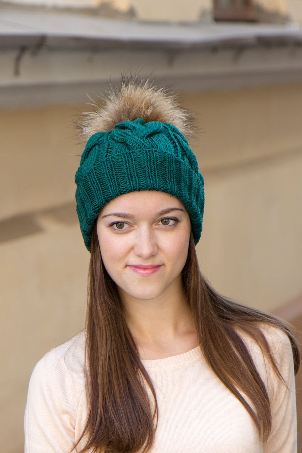 merino wool pom pom beanie hand knit by laknitteria