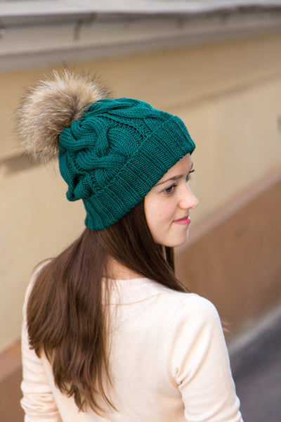 Emerald Green Pom Pom Beanie Hat For Winter LaKnitteria