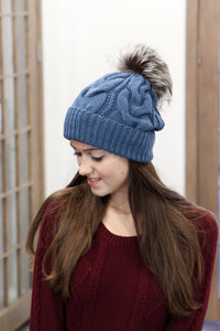 Blue Bobble Hat With Fur Pom Pom