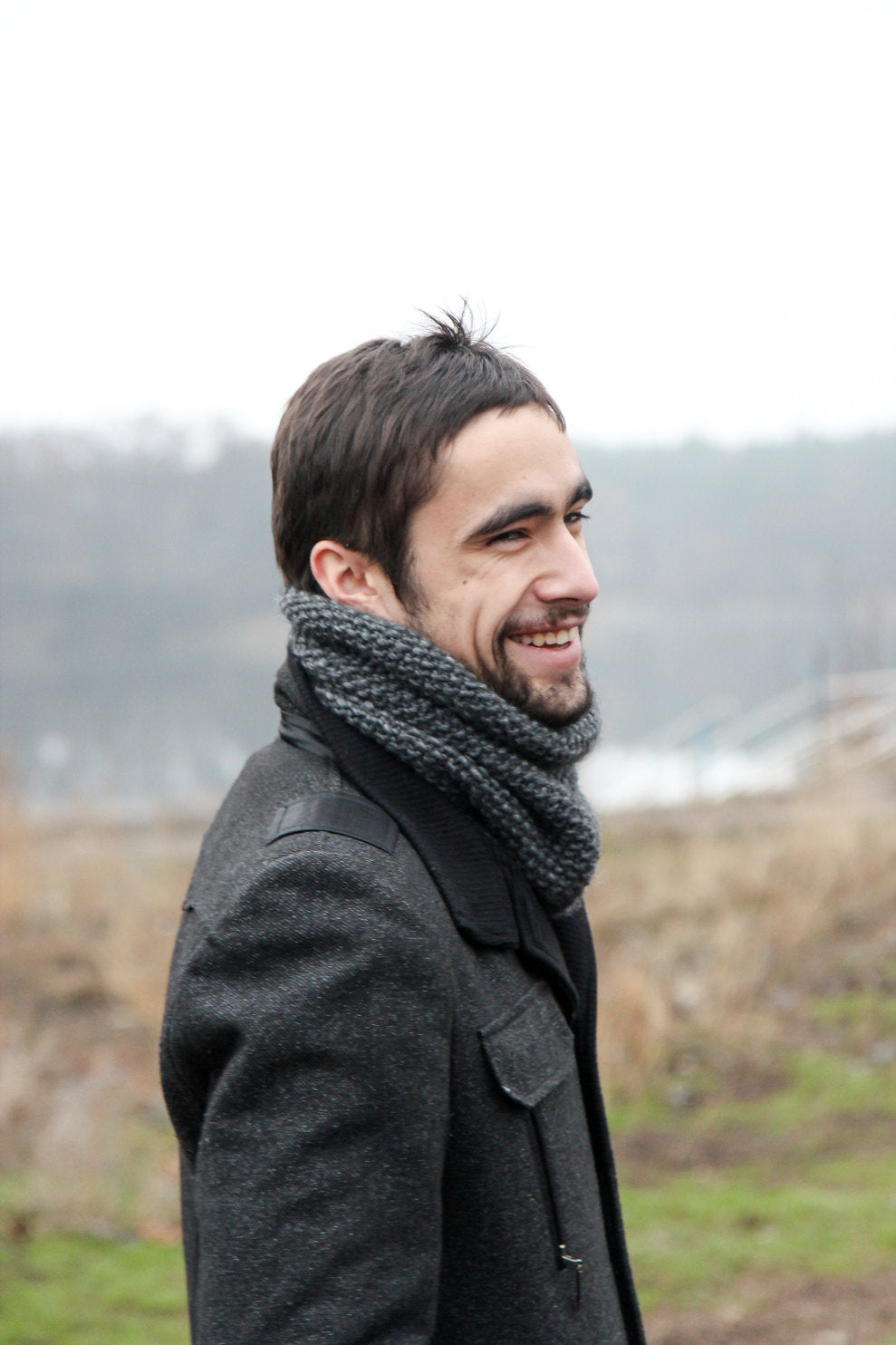 mens gray wool knitted scarf cowl