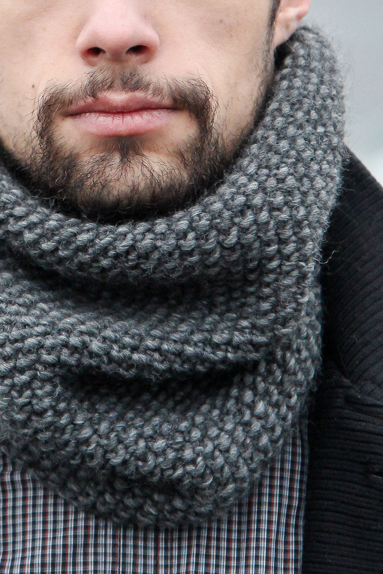 gray hand knit cowl scarf for man