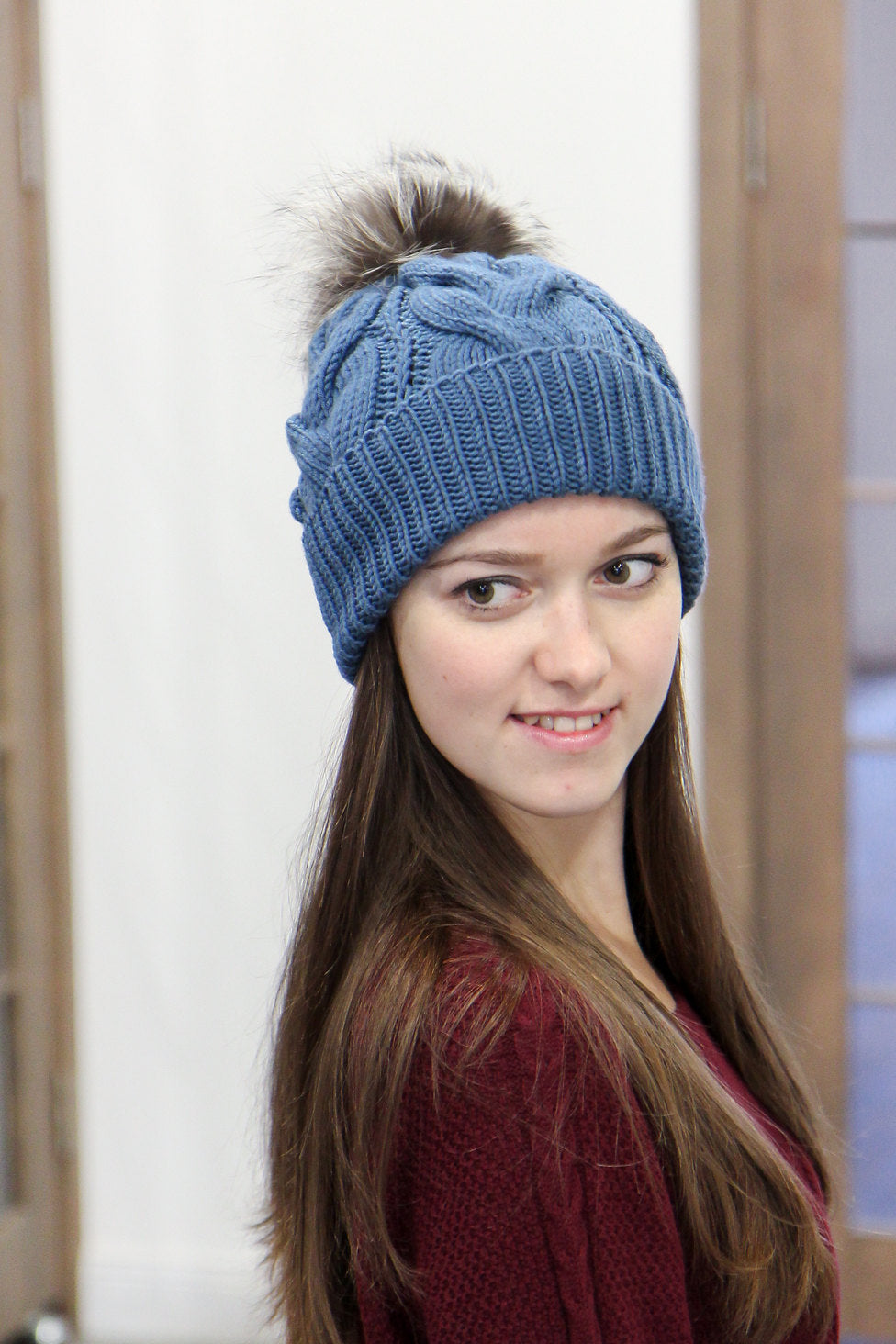 fluffy pom pom hat